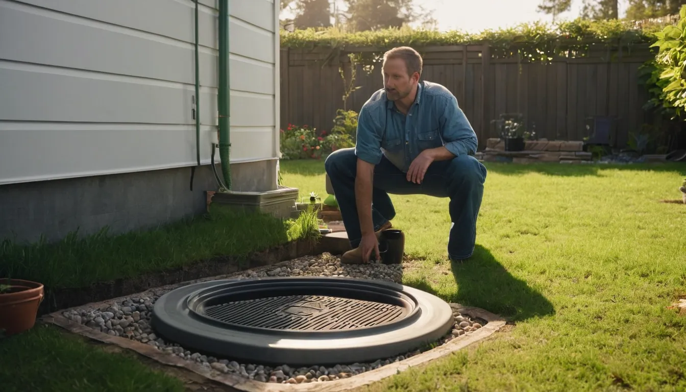 A provider checking a septic tank lid in a yard near San Bernardino