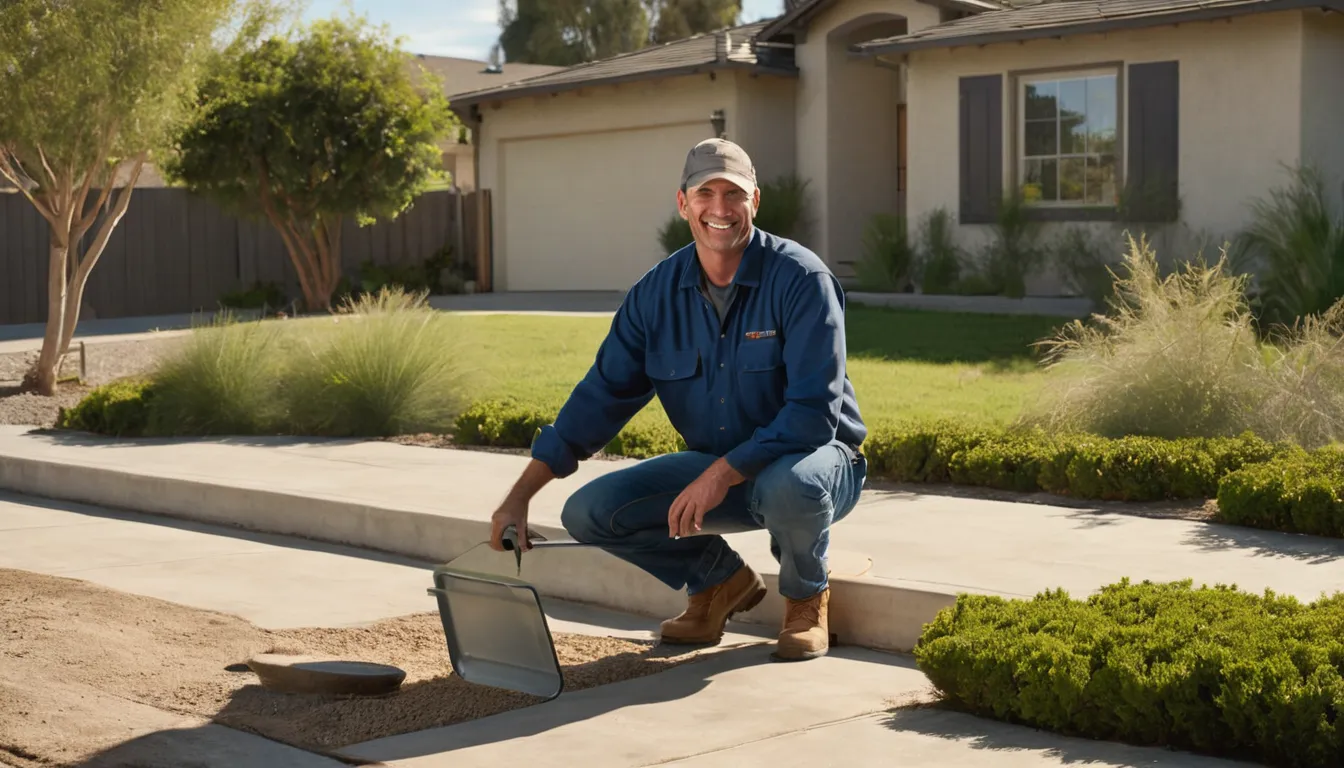 A friendly septic repair provider talking with a homeowner beside an open tank lid in a yard near San Bernardino