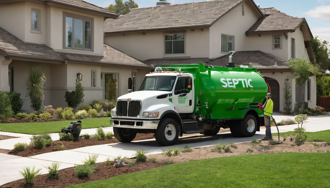 Friendly septic provider and a homeowner talking beside a pumping truck outside a stucco ranch home in the San Bernardino area
