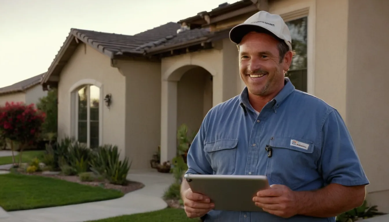 Friendly provider showing a homeowner camera inspection footage of a sewer line outside a stucco home near San Bernardino